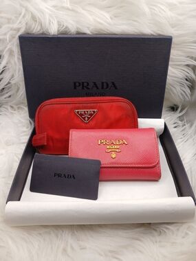 Prada Red & Pink Saffiano Leather Wallet KEY HOLDER Set & Box